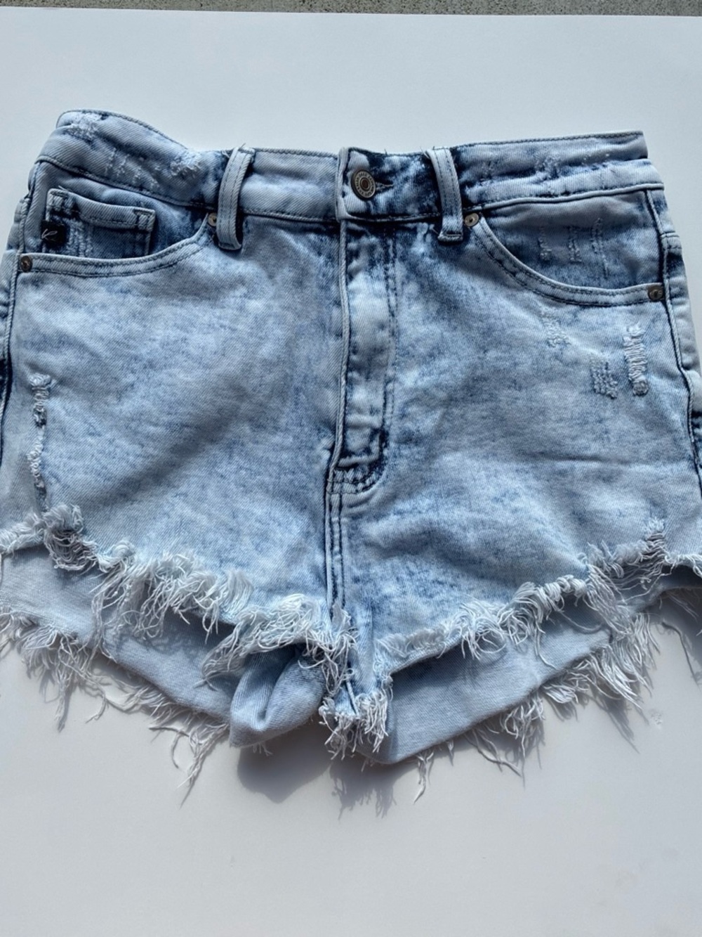KanCan Acid Wash Light Blue Frayed Hem Denim Shorts